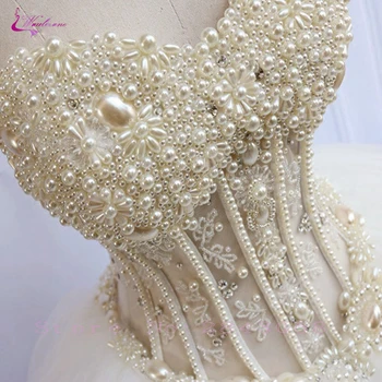 Waulizane Stebėjimo Dramblio Kaulo Perlai-Prabangos Krūtinė Kamuolys Suknelė Vestuvių Suknelė Su Reljefiniai Tiulio Sijonas Vestuvių Suknelė