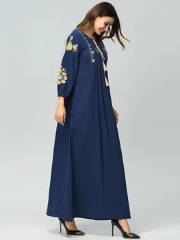 WEPBEL Medvilnės Skalbiniai Moterims Gėlių Suknelė Siuvinėta Musulmonų Abaja ilgomis Rankovėmis Suknelė Aukšto Juosmens Kulkšnies Ilgis