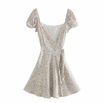 Za 2021 Moterų Suknelės, Gėlių Spausdinti Satino Wrap Suknelė Elegantiškas Moteris Backless Mini Vasaros Suknelė, Trumpas Sluoksniuotos Rankovėmis Ponios Vestidos