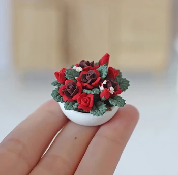 1/12 Miniatiūriniai Lėlių Priedai Mini Molio, Rožių Vazoninių Augalų Modeliavimo Gėlių Modelio Žaislai Doll House Dekoro
