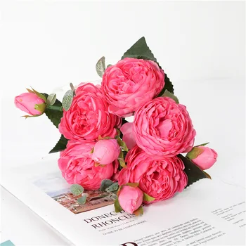 1 Puokštė 5 Dideli Galvos ir 4 Bud Pigūs Netikrą Gėlės Namuose Vestuvių Dekoravimas Rose Pink Silk Bijūnas Dirbtinės Gėlės