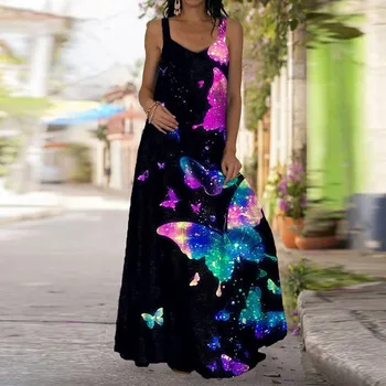 2021 m. Vasarą V-Kaklo Atsitiktinis Suknelė Kulkšnies Ilgis-Line Prarasti Šalis Suknelė be Rankovių Moterims 3D Spausdinimo Plius Dydis 5XL Ponios Suknelės