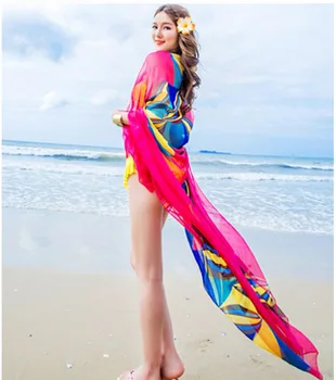 2021 Moterų Danga-Ups Karšto Pardavimo Gėlių Spausdinti Moterų Sexy Šifono Bikini Padengti Iki Maudymosi Kostiumėliai Paplūdimio Suknelė-Skara Pareo Sarongas Wrap