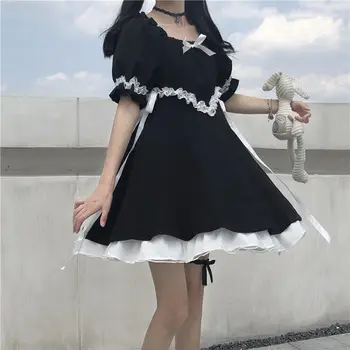 2021 Naujas Kawaii Stiliaus Moteris Princesė Suknelė Juoda Mini Suknelės Aukšto Juosmens Gotikos Suknelė Sluoksniuotos Rankovėmis Raukiniai, Nėriniai Suknelės, Šaliai