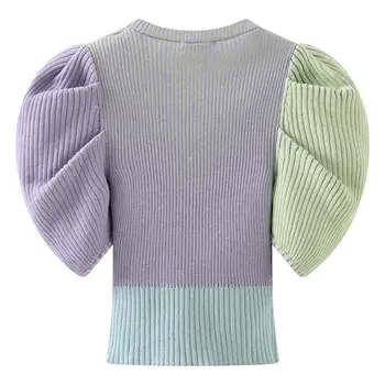 2021 Naujas Megztinis Marškinėlius Korėjos Kontrasto Spalvų Slim Trumpas Megztas Viršūnes Sluoksniuotos Rankovėmis Saldus Viršūnių