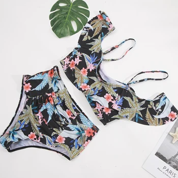2021 Naujas Plus Size 5XL Vasaros Moterims Seksualus Gėlių Bikini užskaityti Pečių, trumpomis Rankovėmis maudymosi kostiumėlį, maudymosi Kostiumėliai, Maudymosi Kostiumą, Bea