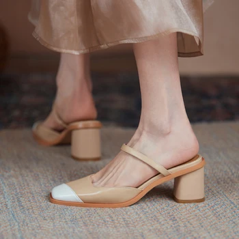 2021 Naujas vasaros Ponios šlepetės natūralios Odos batus, 22-24.5 cm viršutinė karvės odos Storio ir daugiaspalvis susiuvimo aukštos obcasie sandalai
