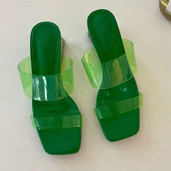 2021 Naujos Skaidrios PVC Moterų Sandalai Mažas Kulnas Crystal Green Kulniukai Skaidres Vasaros Lauko Paplūdimio Šlepetės Ponios Flip Šlepetės Bateliai