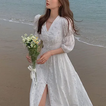 2021 Vasaros pusė Rankovės Midi Suknelė balta rausva V-Kaklo Mygtuką Derliaus Gėlių Suknele Moterys Atsitiktinis Beach Party rūbų fėja Zaraing