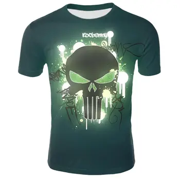 3D T-shirt Kaukolė T-shirt Vyrai ir Moterys, Žalia Punisher Kaukolės Modelis T-shirt 3D Spalvų marškinėliai Mados Atsitiktinis marškinėliai