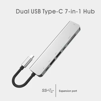 7 in 1 USB-C Hub Dokas Aliuminio Lydinio 4K HD 30HZ Dual USB 3.0 Port Adapteris PD USB C Lizdas SD & TF Card Reader Karšto Pardavimo