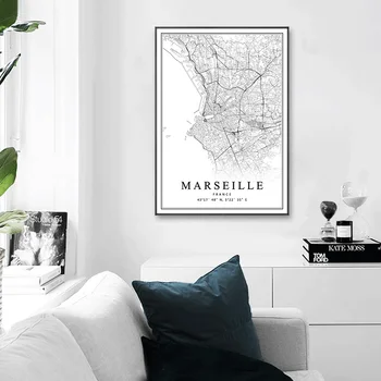 Abstrakčios Linijos Žemėlapis Paryžiaus Modernaus Stiliaus Marselio Plakatai Mados Drobė Paveikslų, Prancūzija Miestas Spaudinių Namų Interjero Apdaila
