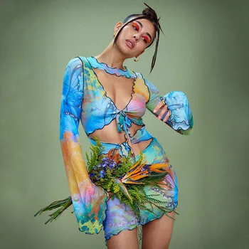 Adogirl Mados Kaklaraištis Dažų Spausdinti Moterų Blyksnius Rankovės Bodycon Mini Suknelė Komplektus Naktį Šalies Klubas Suknelės Seksualus Vasaros Paplūdimio Drabužiai