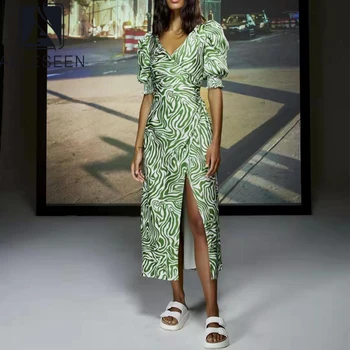 AELESEEN Dizainerio Mados Moterų Suknelė 2021 M. Vasarą Sluoksniuotos Rankovėmis High Street V-Kaklo Banga Spausdinti Žalia Splited Ilga Seksuali Suknelė