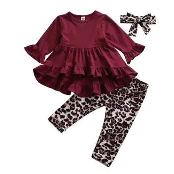 Bamblys Vaikas Baby Girl Vyno Raudona Pynimas Apranga, Drabužiai, marškinėliai Viršų Suknelė+Leopard Kelnės, Antblauzdžiai 1-6Y