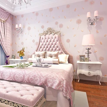 Bauda įspaustu rožinės kiaulpienių plunksnų miegamojo kambarį 3D tapetai šviežių kaimo neaustinių vaikų kambario tapetai U163