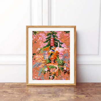 Bijūnų Cherry Blossom Chinoiserie Sienos Meno Tapybos Azijos Tradicinių Derliaus Iliustracija Vaizdas Plakatas Spaudinių Dekoras