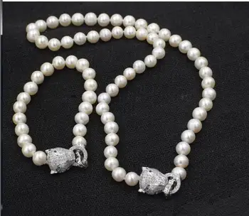 Cirkonis Leopard galvą užsegimas aksesuaras 8-9mm baltos spalvos gėlavandenių perlų karoliai, apyrankės rinkinys moterims papuošalai