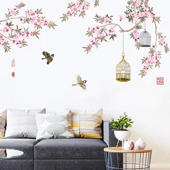 Didelis Kinų Stiliaus Rožinės Gėlės Paukštis Narve Namų Dekoro Sienų Lipdukai Lipni Sienų Lipdukai PVC Paveikslų Kambario Apdaila