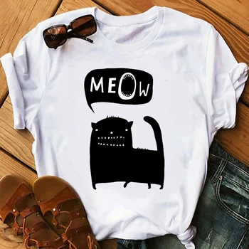 Funny Cat Marškinėliai Miau Moterų Animacinių filmų Spausdinti Marškinėlius Harajuku 90s Grafinis T-shirt Vasaros Trumpas Rankovės Mados Viršų Tee Moteris