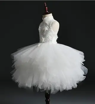 Glizt Ilgos Užpakalinės Baltos spalvos Nėrinių Pirmosios Komunijos Suknelė Gėlių Tiulio Kamuolys Suknelė Mergaitėms Inscenizacija Suknelė 