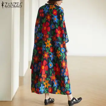 Gėlių Spausdinti Suknelė Moterims ZANZEA 2021 m. Rudens Vidurio blauzdos Vestidos Atsitiktinis 3/4 Rankovės Sundress Moterų V-kaklo, Laisvus Drabužius, Negabaritinių