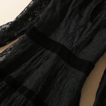 Ilga Suknelė Kilimo Ir Tūpimo Tako Aukštos Kokybės Pavasarį, Rudenį Naujų Mados Elegantiškas Retro Aksomo Kratinys Long Sleeve Lace Black Šalis Suknelės