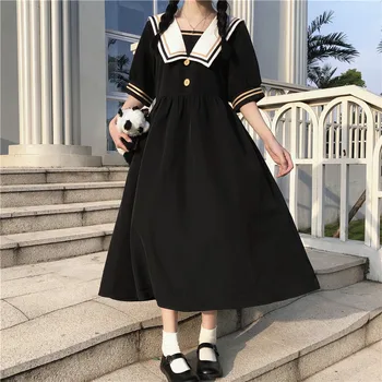 Japonų Stiliaus Lolita dressl Kolegijos Stilius Laisvas Vidutinio Ilgio Sailor Apykaklės trumpomis Rankovėmis Suknelė Moterų Pavasarį ir Vasarą 2021 Naujas