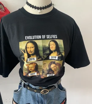 Juodos Spalvos Marškinėliai Moterims Evoliucija, Selfies Mona Lisa Juokinga T-Shirt Hipsters Meme Marškinėliai Mielas Vasaros Viršūnes