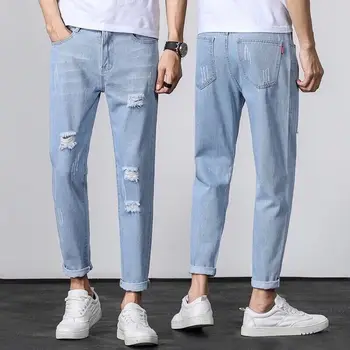 Kankina džinsai su vasaros vyrų Harlan kojos šviesios spalvos, laisvi tendencija elastinga juosmens jogger ziajać hip-hop Tiesūs džinsai vyrams mėlyna