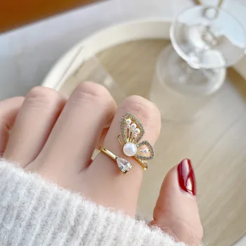 Korėjos Naujo Dizaino bižuterijos Išskirtinį Vario Inkrustacijos Cirkonis Drugelis Žiedas Elegantiškas Moterų Pearl Atidarymo Reguliuojamas Žiedas