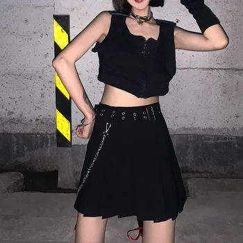 Korėjos Vasaros Naują Streetwear Harajuku Diablo Stiliaus Moteris Vintage Sijonas Aukštu Juosmeniu Atsitiktinis Mados-Line Mini Klostuotas Sijonas