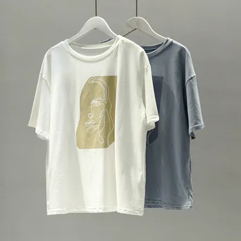 Mados laisvos Moters T-shirt Vasaros Pring trumpomis Rankovėmis Apvalios kaklo Žmogaus Veidas Atspausdintas Spausdinimo Atsitiktinis Balta Mėlyna Moterų Tees Viršūnės