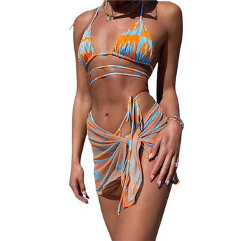 Moterų 3Pcs Spausdinti Bikini Komplektas Padalinta Giliai V-kaklo, Nėriniai-up Tvarstis Apynasrio Viršūnės Thong Trumpikės Paplūdimio Skara Dėvėti Plaukimo