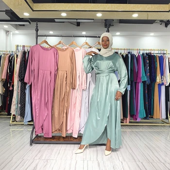 Moterų Arabų Musulmonų Satino Sluoksniuotos Ilgomis Rankovėmis Maxi Suknelė Vientisa Spalva Wrap Priekiniai Savarankiškai Kaklaraištis Abaja Dubajus Turkija Hijab Skraiste Kaftan