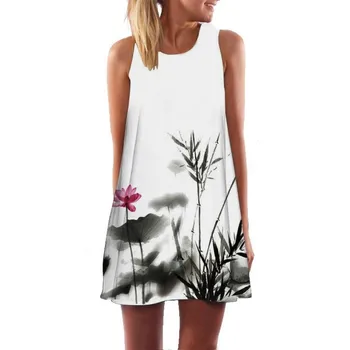 Moterų SummerDress Vintage Stiliaus Kinijos Atspausdinta Suknelės Elegent Trumpas Berankovis Marškinėliai Mini Suknelė moterims dėvėti kasdien