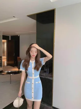 Mygtukas Megzti Suknelę Bodycon Mini Korėjos Vasaros Seksualus, Elegantiškas Šalis Moda Feminina Ropa Mujer 2021 Rūbeliai Braškių Suknelė