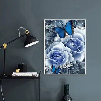 Mėlyna Gėlė Rose Butterfly Diamond Tapybos Gėlių Turo Visiškai Gręžimo Nouveaute 