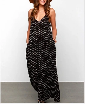 Naujos Mados Black Dot Spausdinti V-Kaklo Bodycon Moterų Berankovis Vasaros S-XL dydžio Ilgas, Maxi Suknelė Sundress Vestidos Femme