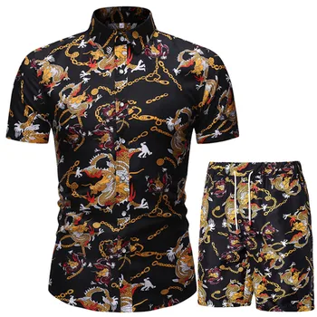 Nustatyti, Šortai, Marškinėliai-Nustatyti Dviejų Dalių 2021 M. Vasarą Mens Kostiumas 2 Gabalas Vyrų Trumpomis Rankovėmis Mygtuką Marškinėliai Paplūdimio Šortai Streetwear Už Havajų