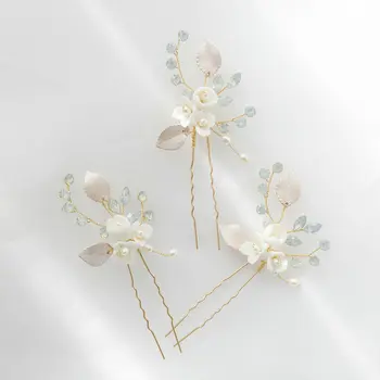 Opal Kristalų Nuotakos Plaukų Pin Subtilus Keraminių Gėlių Vestuvių Vinjetė Aukso Lapų Nuotakos Plaukų Aksesuarai