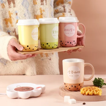 Pieno arbatos puodelio su šiaudų su dangčiu šaukštas keramikos puodelis kūrybos pora asmenybės namų tendencija kavos puodelio biuras