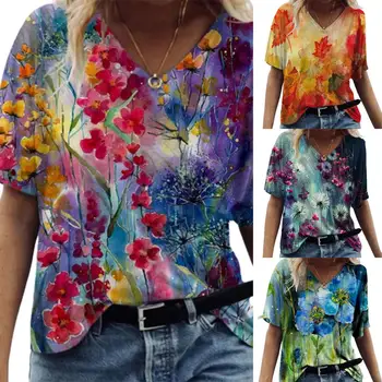 Plius Dydis Ponios Viršūnes Moterys T-shirt Gėlių 3D Spausdinimo trumpomis Rankovėmis V-Kaklo Prarasti Palaidinė Top Vasaros Atsitiktinis Palaidų Tee Viršuje Streetwear