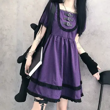 QWEEK Goth Japonijos Harajuku Gothic Lolita Dress 2021 M. Vasarą Sluoksniuotos Rankovėmis Seksualus Šalies Violetine Skara Suknelė Raukiniai, Nėriniai Suknelė, Saldumynai