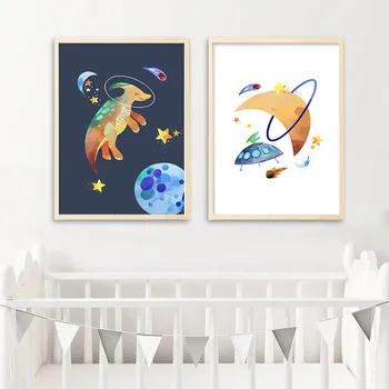 Raketų Dinozaurų Astronautas Vaikas Plakatas Drobė Spausdinti Kūdikis Lopšelyje Meno Tapybos Erdvę Animacinių Filmų Sienos Nuotrauka Berniukų Miegamasis Apdaila