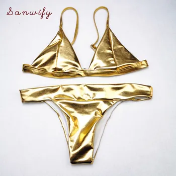 Seksualus Atspindintis Blizga Aukso Metalo Push Up Bikinis Nustatyti 2020 M. Lady Aukštos Sumažinti Maudymosi Kostiumėliai Moterims, Maudymosi Kostiumėlį, Maudymosi Kostiumą