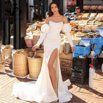 SoDigne Balta Undinė Vestuvių Suknelės Pusės Split Satino Nuotakos Suknelės, Vestidos De Novia 2021 Nuo Peties Vestuves Chalatai