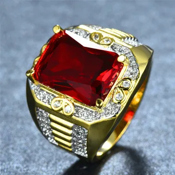 Spalvingas Vyrų Big Red Akmens s925 Žiedas Mados 18KT Geltonos Aukso Užpildytas Senovinių Vestuvių, Sužadėtuvių Žiedai Vyrams, dovanos vyrams