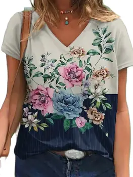 Vasaros Derliaus Moterų Prarasti V-Kaklo Gėlių Spausdinti Marškinėliai Trumpomis Rankovėmis Kasdienių Drabužių Ponios Viršų Tshirts Gatvės Puloveris 2021
