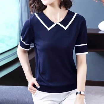 Vasaros Trumpomis Rankovėmis Juostele Plonas Megztas T-Shirt Moterims Korėjos Stiliaus Trumpas Trikotažas Viršūnes 2021 Naujas Mados Puloveris Tees Moteris